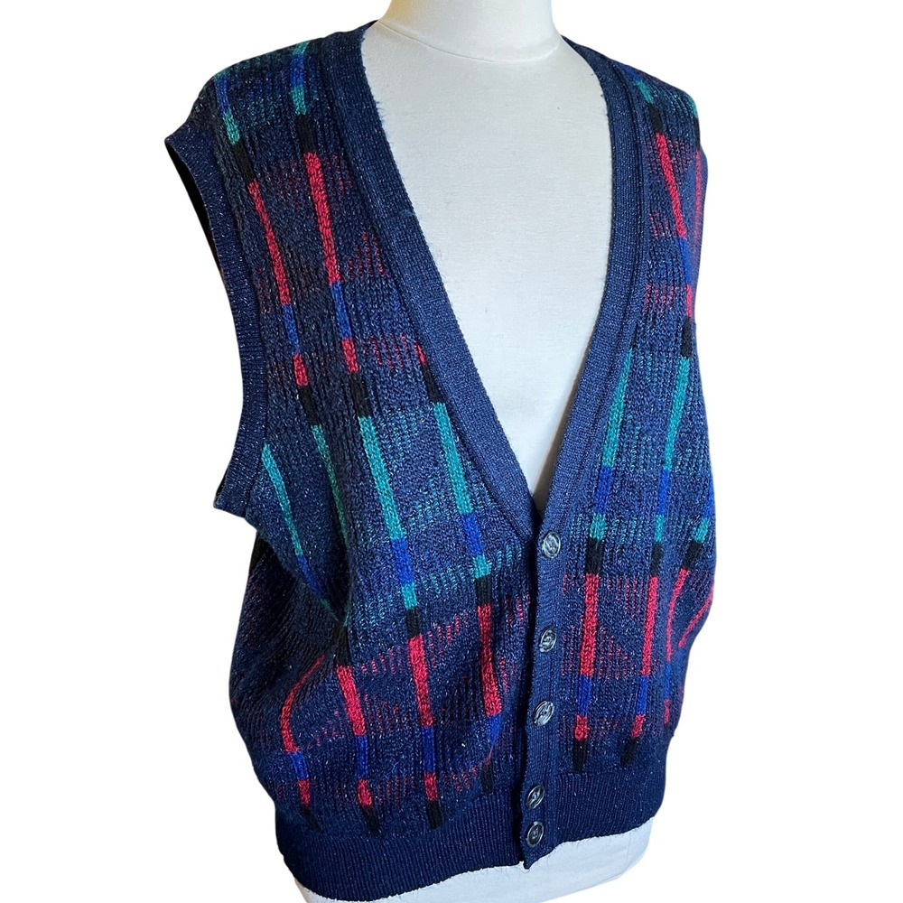 Vtg Plaid Knit‎ Sweater Vest Eclectic Grandpa Preppy 90s Made in USA V-Neck - Picture 2 of 10